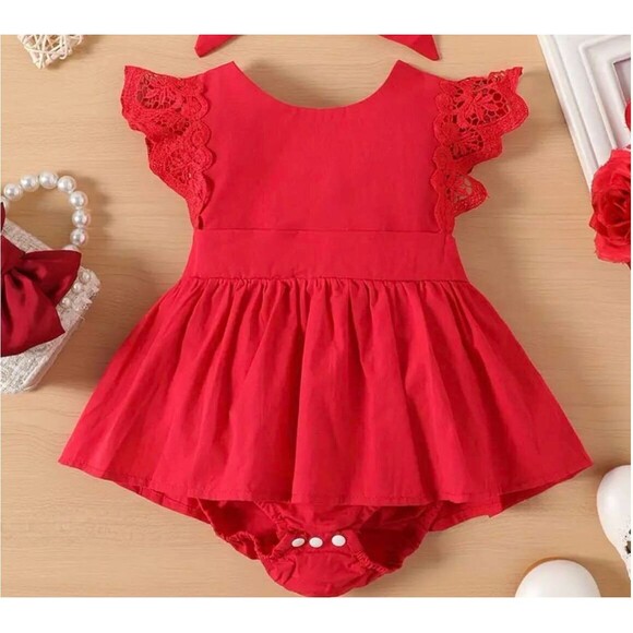 Baby Girl Red Romper with Bow and Lace details 12-18 Months - Picture 1 of 8